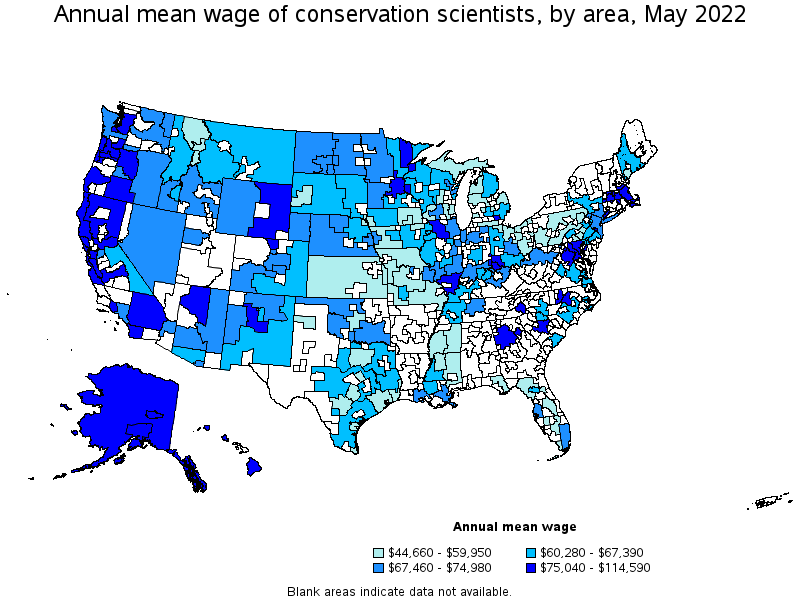 Map of annual mean wages of conservation scientists by area, May 2022