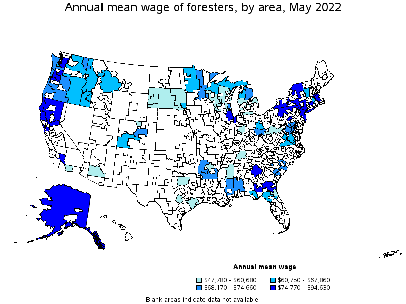 Map of annual mean wages of foresters by area, May 2022