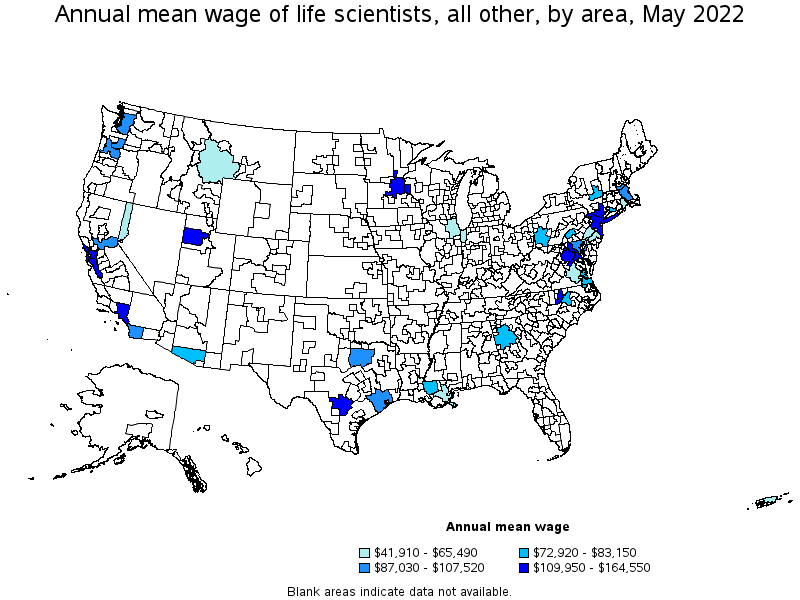 Map of annual mean wages of life scientists, all other by area, May 2022