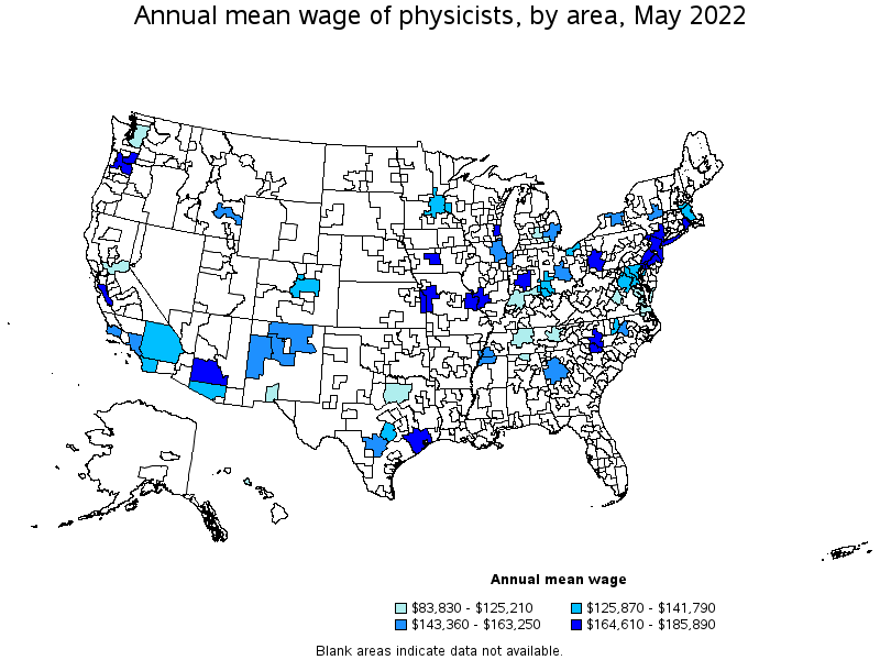 Map of annual mean wages of physicists by area, May 2022
