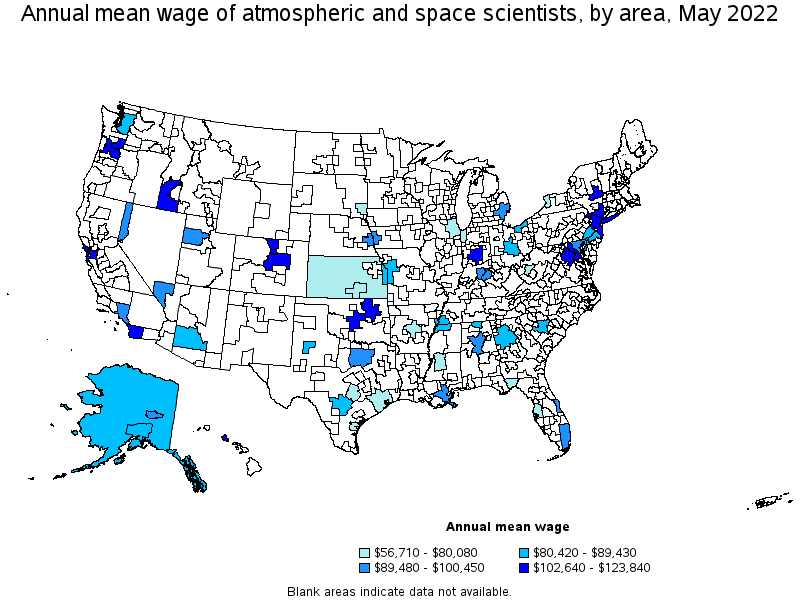 Map of annual mean wages of atmospheric and space scientists by area, May 2022