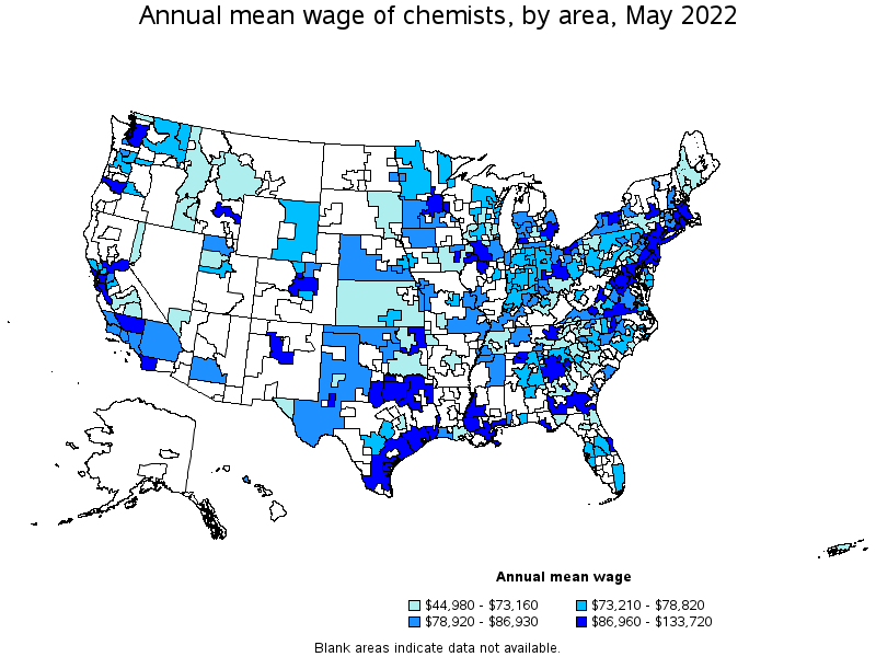 Map of annual mean wages of chemists by area, May 2022
