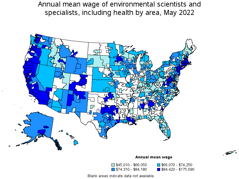 Map of annual mean wages of environmental scientists and specialists, including health by area, May 2022