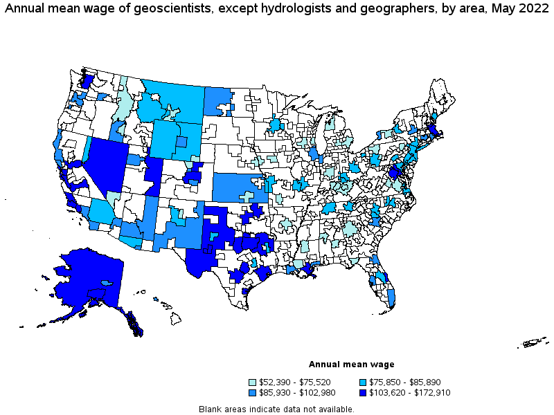 Map of annual mean wages of geoscientists, except hydrologists and geographers by area, May 2022