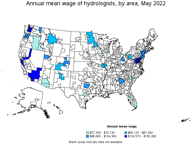 Map of annual mean wages of hydrologists by area, May 2022