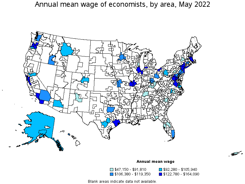 Map of annual mean wages of economists by area, May 2022
