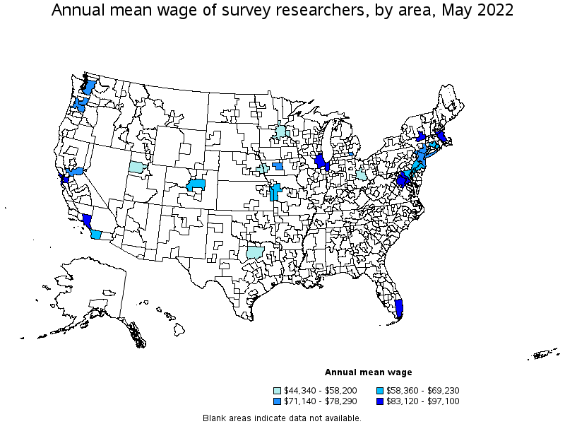 Map of annual mean wages of survey researchers by area, May 2022