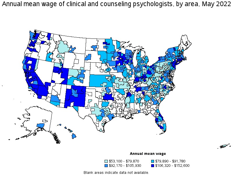 Map of annual mean wages of clinical and counseling psychologists by area, May 2022