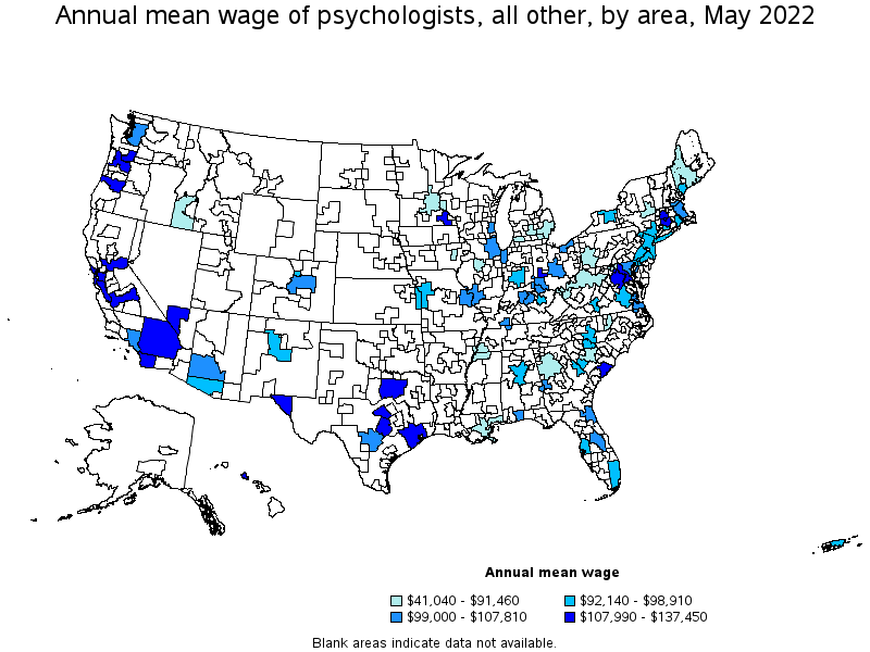 Map of annual mean wages of psychologists, all other by area, May 2022