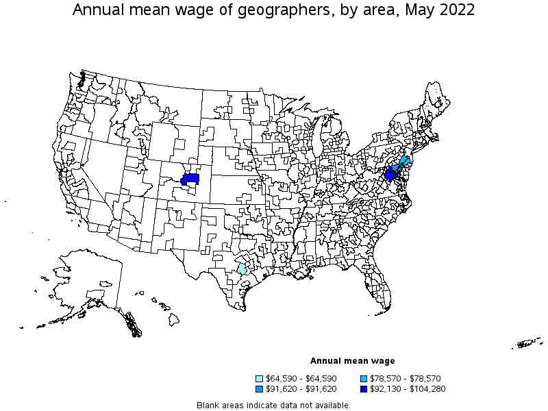 Map of annual mean wages of geographers by area, May 2022