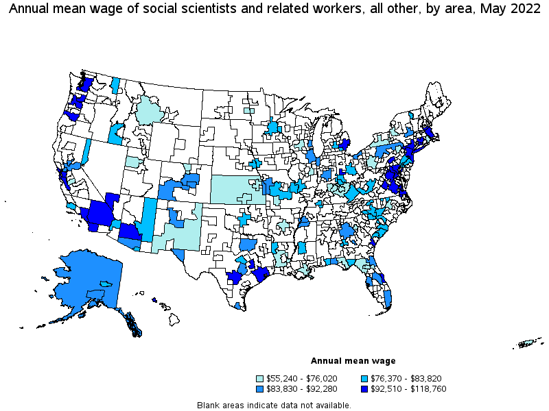 Map of annual mean wages of social scientists and related workers, all other by area, May 2022