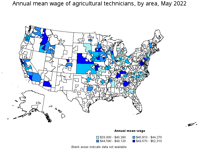 Map of annual mean wages of agricultural technicians by area, May 2022