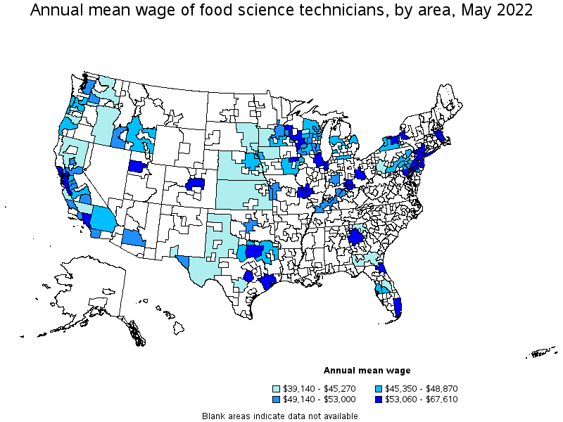 Map of annual mean wages of food science technicians by area, May 2022