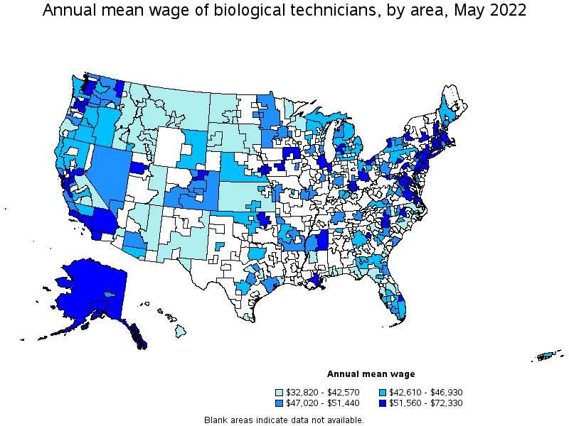 Map of annual mean wages of biological technicians by area, May 2022