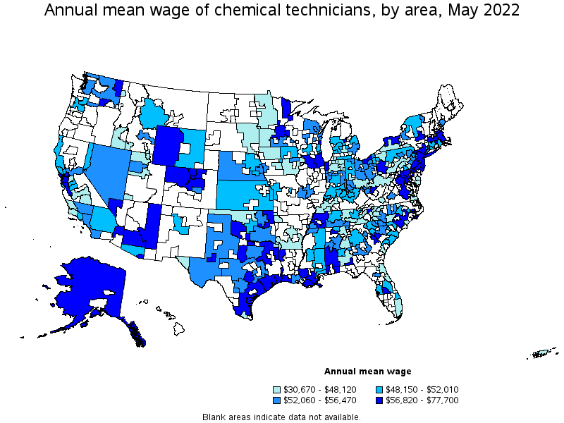 Map of annual mean wages of chemical technicians by area, May 2022