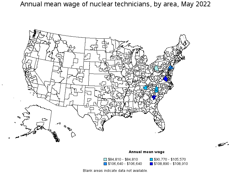 Map of annual mean wages of nuclear technicians by area, May 2022
