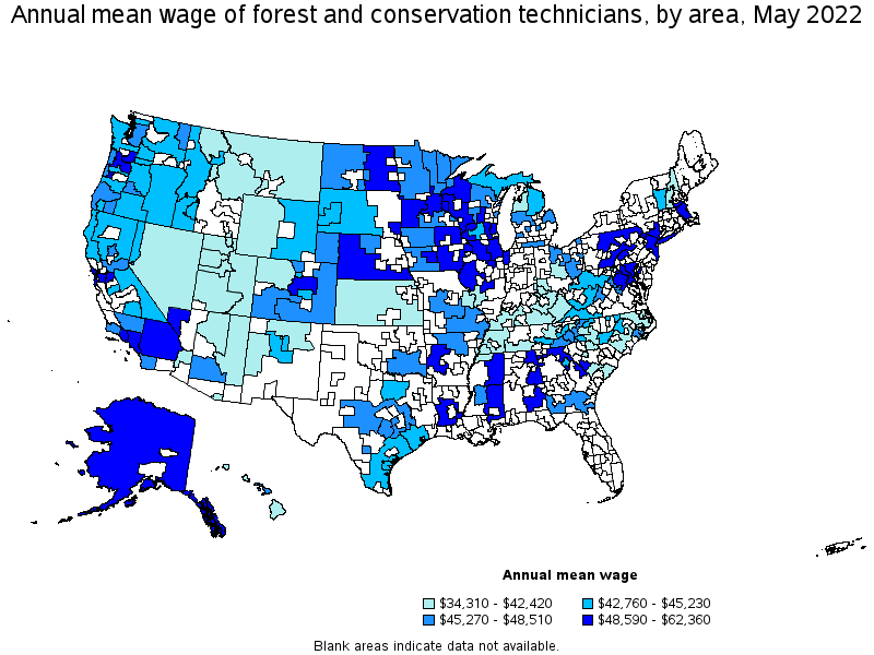 Map of annual mean wages of forest and conservation technicians by area, May 2022