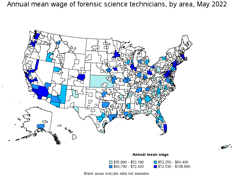 Map of annual mean wages of forensic science technicians by area, May 2022
