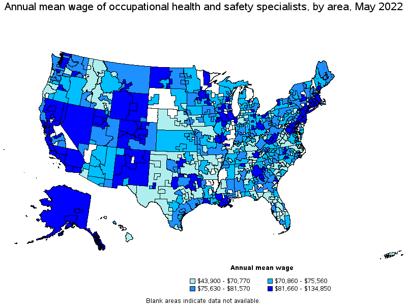 Map of annual mean wages of occupational health and safety specialists by area, May 2022