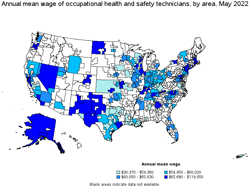 Map of annual mean wages of occupational health and safety technicians by area, May 2022