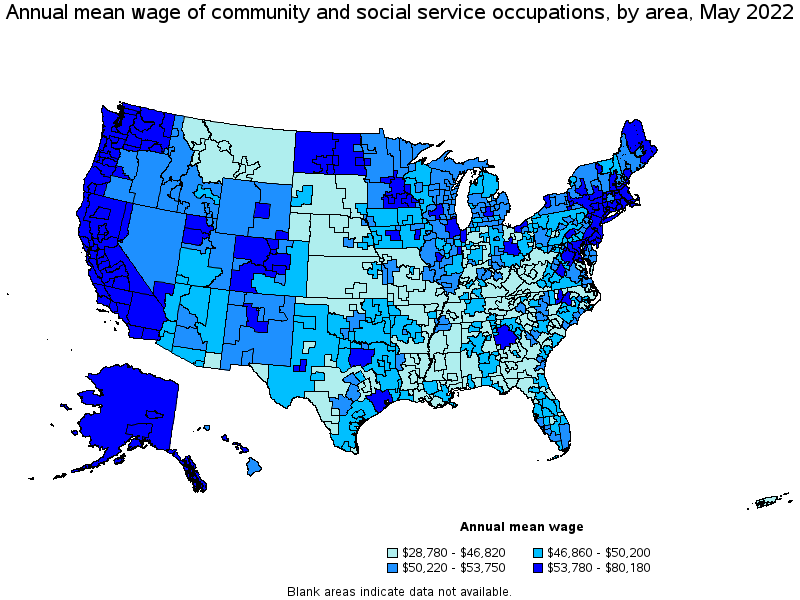 Map of annual mean wages of community and social service occupations by area, May 2022