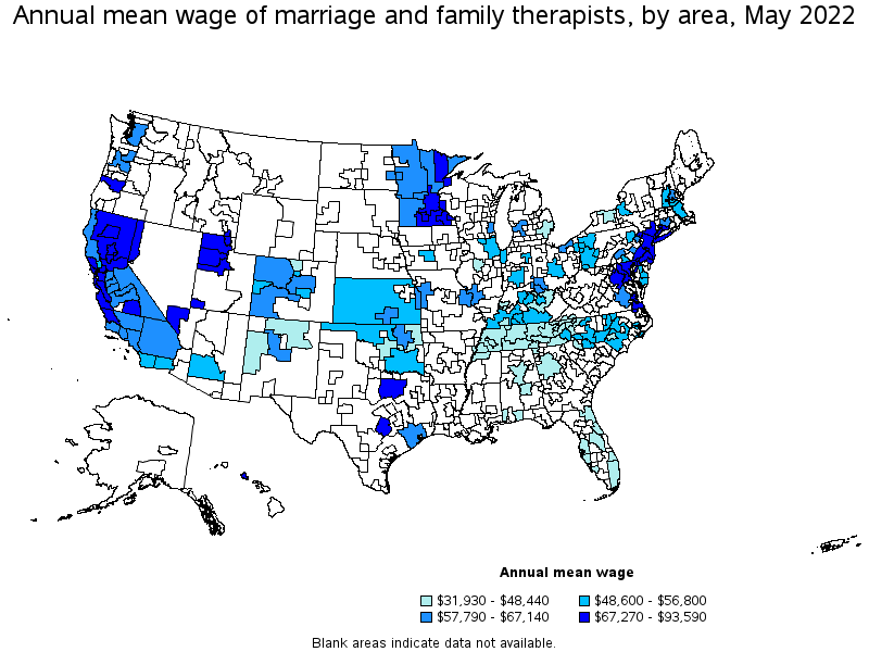 Map of annual mean wages of marriage and family therapists by area, May 2022