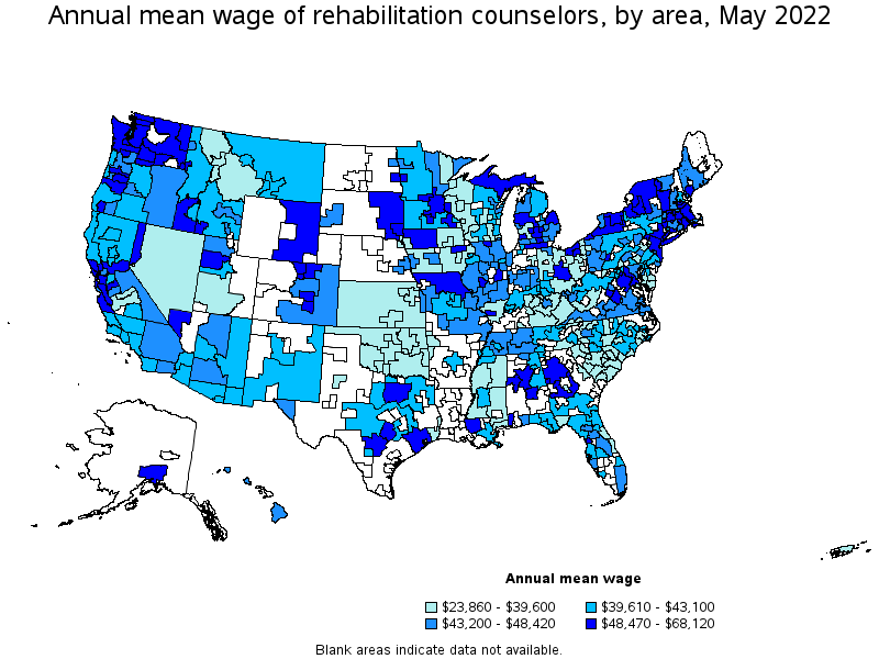 Map of annual mean wages of rehabilitation counselors by area, May 2022