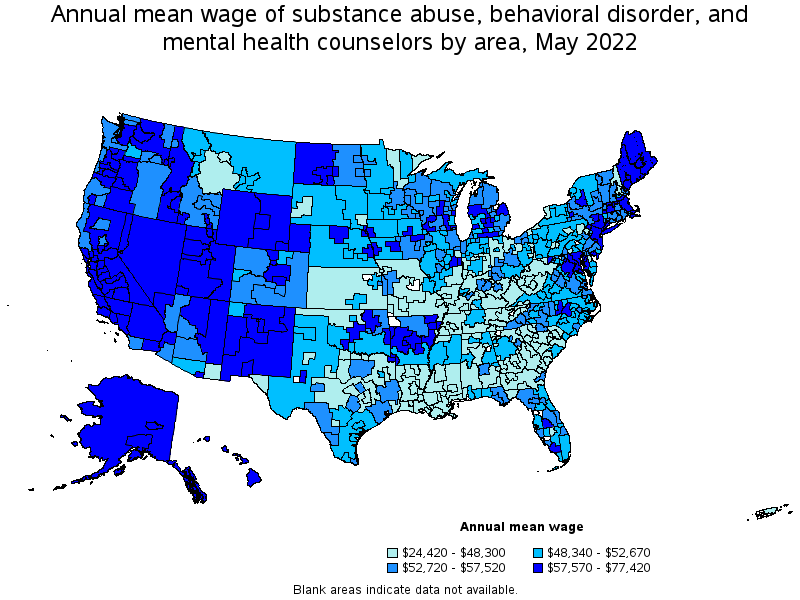 Map of annual mean wages of substance abuse, behavioral disorder, and mental health counselors by area, May 2022
