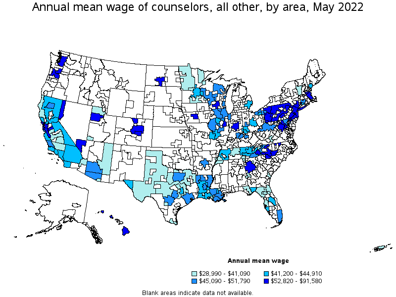 Map of annual mean wages of counselors, all other by area, May 2022