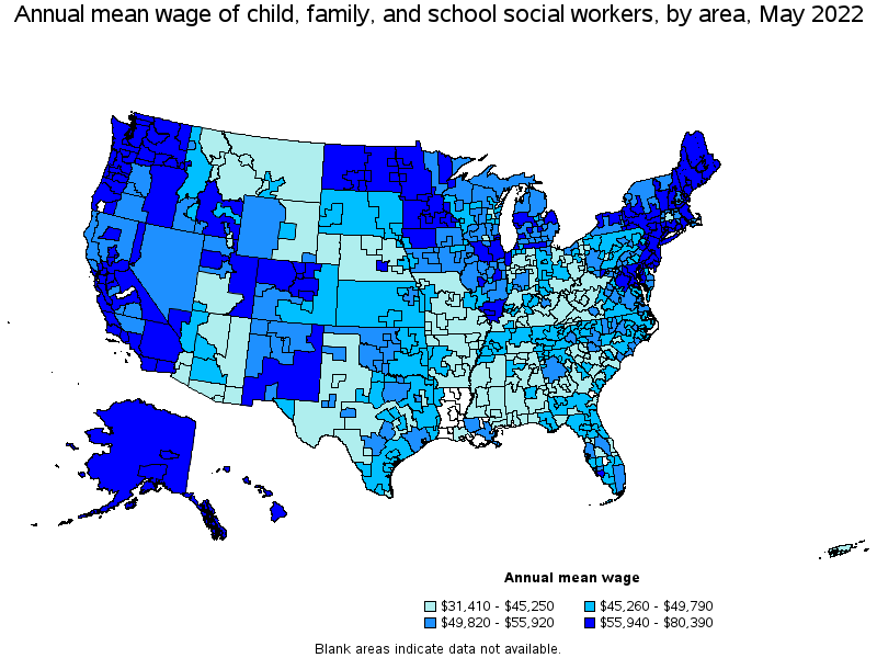 Map of annual mean wages of child, family, and school social workers by area, May 2022
