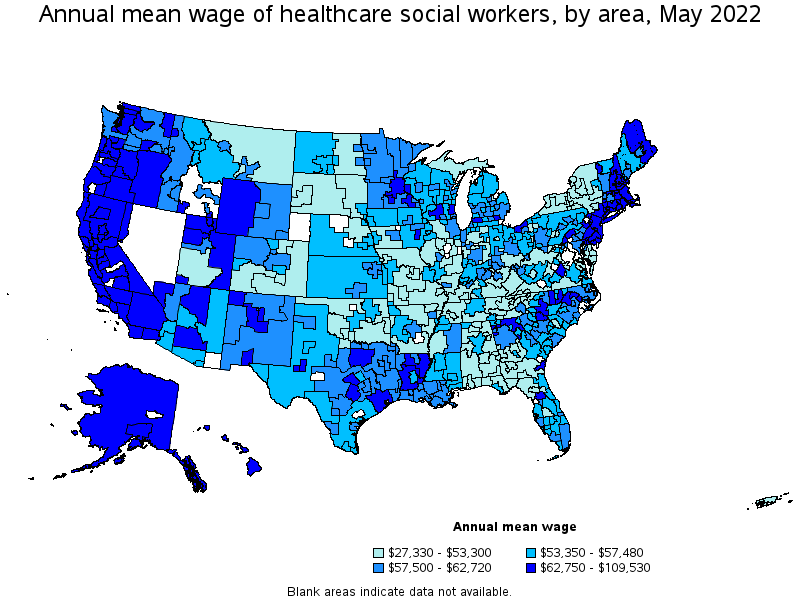 Map of annual mean wages of healthcare social workers by area, May 2022