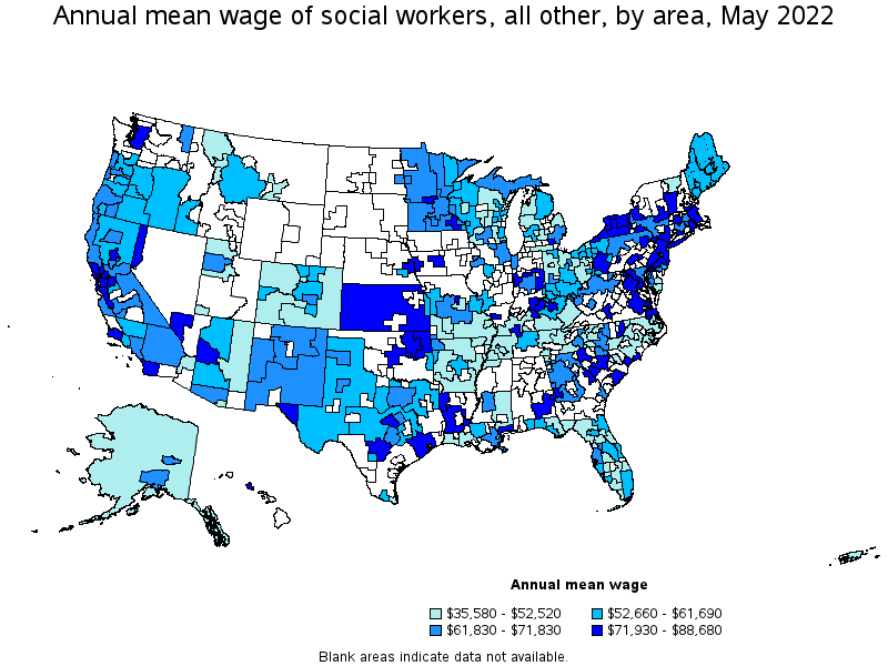 Map of annual mean wages of social workers, all other by area, May 2022