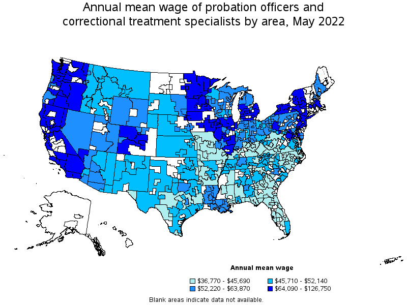 Map of annual mean wages of probation officers and correctional treatment specialists by area, May 2022