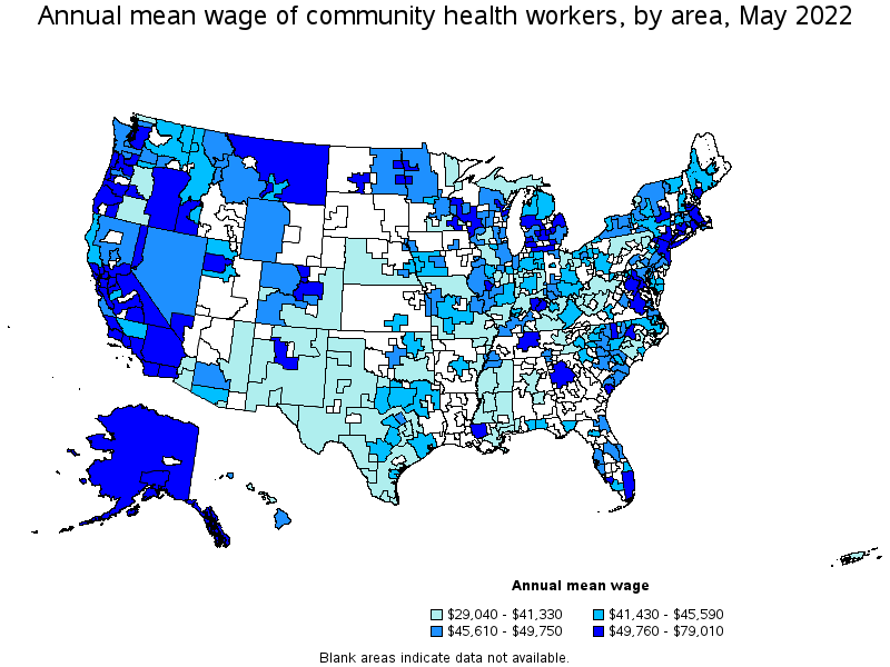 Map of annual mean wages of community health workers by area, May 2022