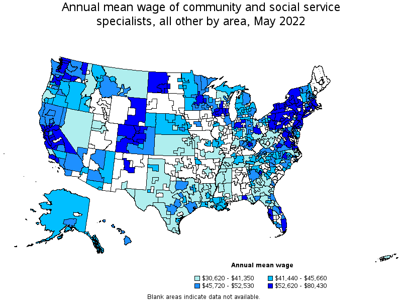 Map of annual mean wages of community and social service specialists, all other by area, May 2022