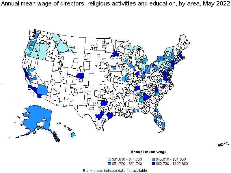 Map of annual mean wages of directors, religious activities and education by area, May 2022