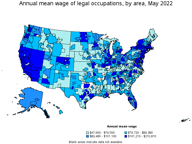 Map of annual mean wages of legal occupations by area, May 2022