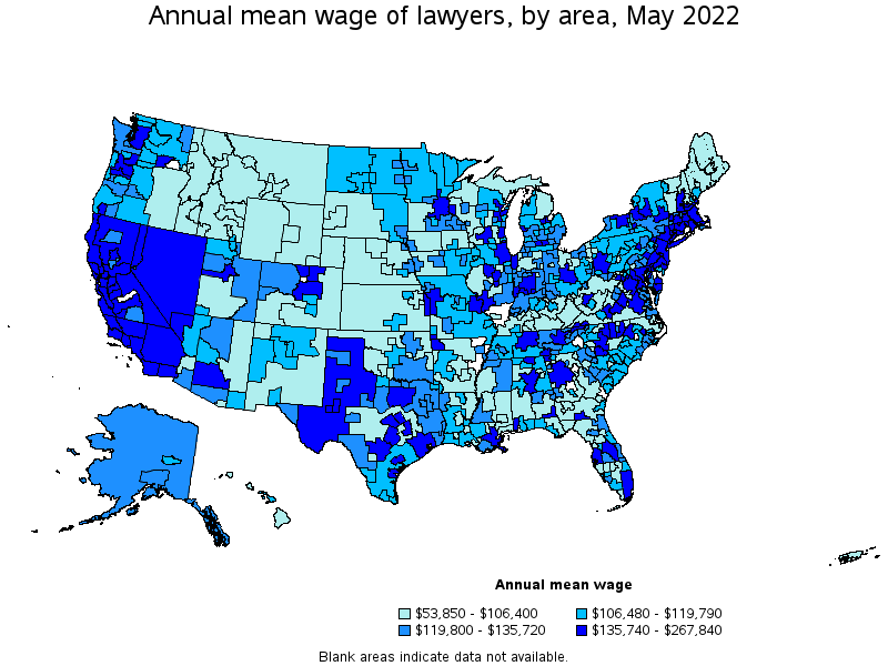 Map of annual mean wages of lawyers by area, May 2022