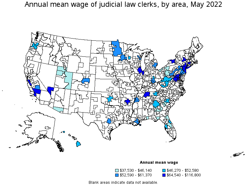 Map of annual mean wages of judicial law clerks by area, May 2022