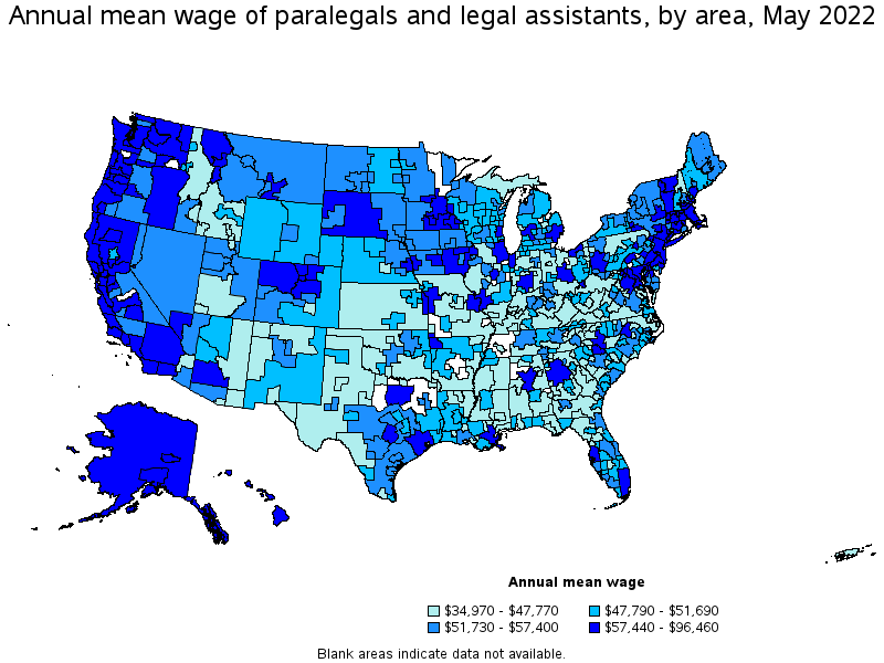 Map of annual mean wages of paralegals and legal assistants by area, May 2022