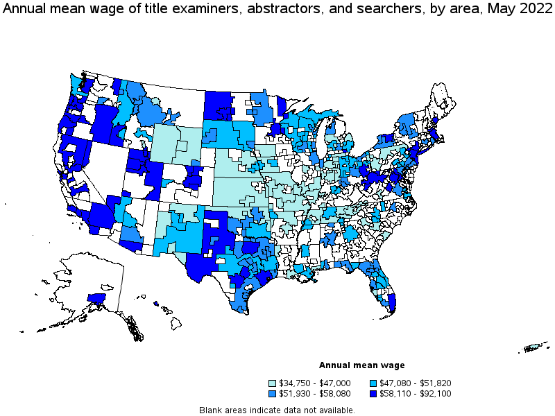 Map of annual mean wages of title examiners, abstractors, and searchers by area, May 2022