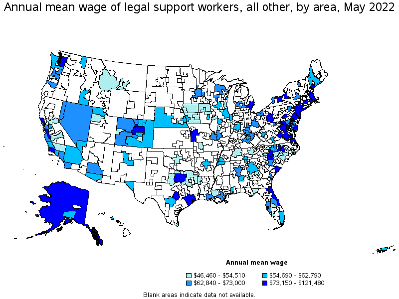Map of annual mean wages of legal support workers, all other by area, May 2022