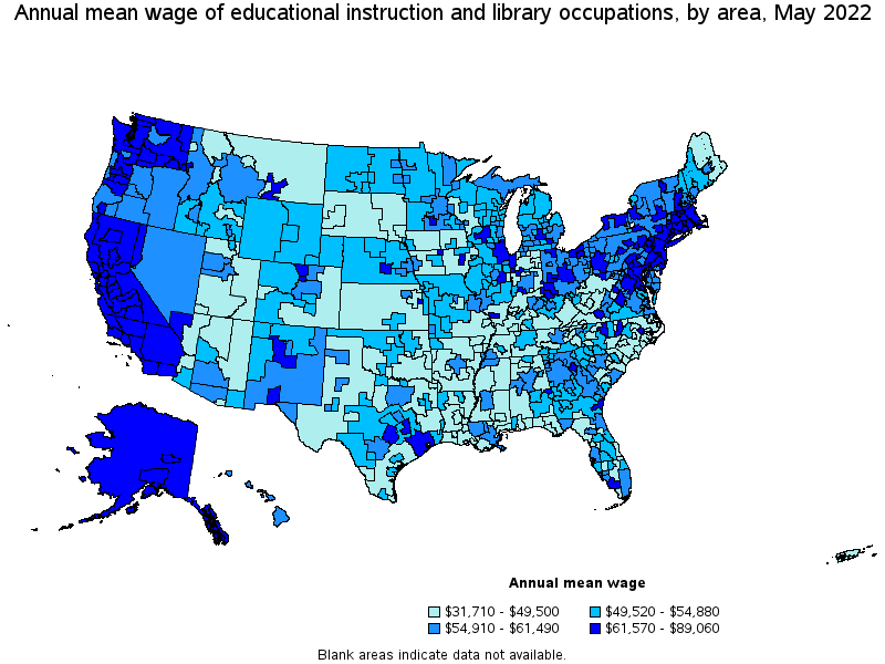 Map of annual mean wages of educational instruction and library occupations by area, May 2022