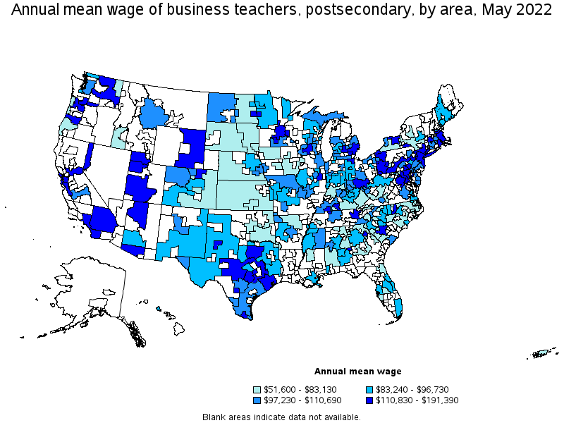Map of annual mean wages of business teachers, postsecondary by area, May 2022
