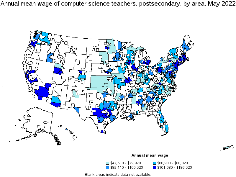 Map of annual mean wages of computer science teachers, postsecondary by area, May 2022
