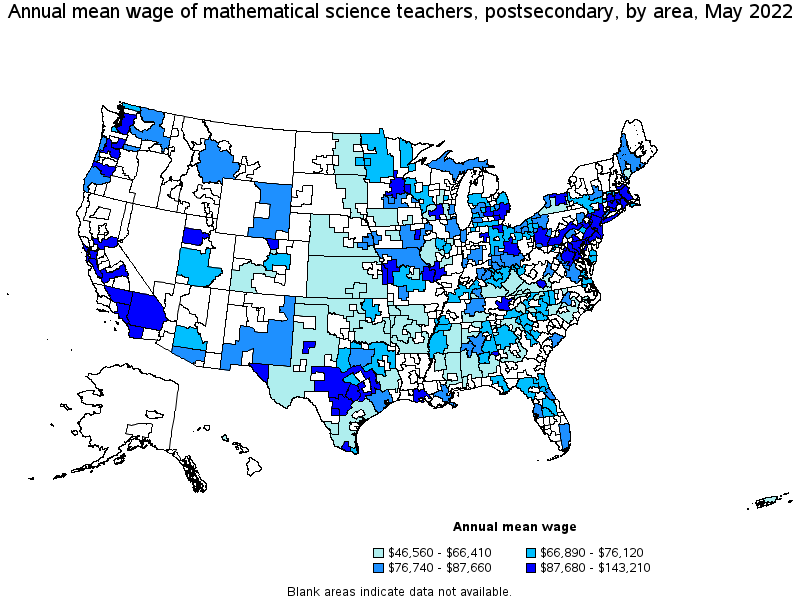 Map of annual mean wages of mathematical science teachers, postsecondary by area, May 2022