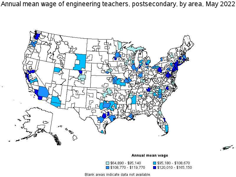 Map of annual mean wages of engineering teachers, postsecondary by area, May 2022