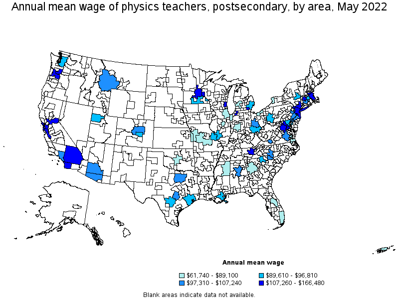 Map of annual mean wages of physics teachers, postsecondary by area, May 2022
