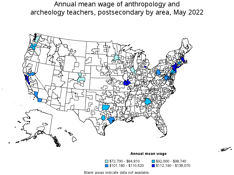 Map of annual mean wages of anthropology and archeology teachers, postsecondary by area, May 2022