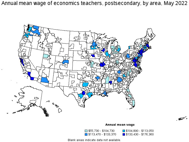 Map of annual mean wages of economics teachers, postsecondary by area, May 2022